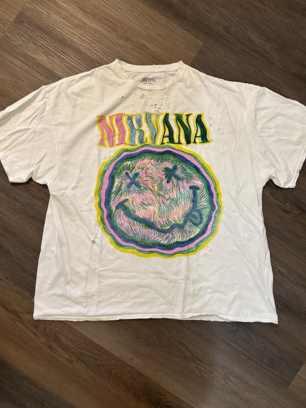 NIRVANA White Tee with Multicolor Psychedelic Cat Graphic